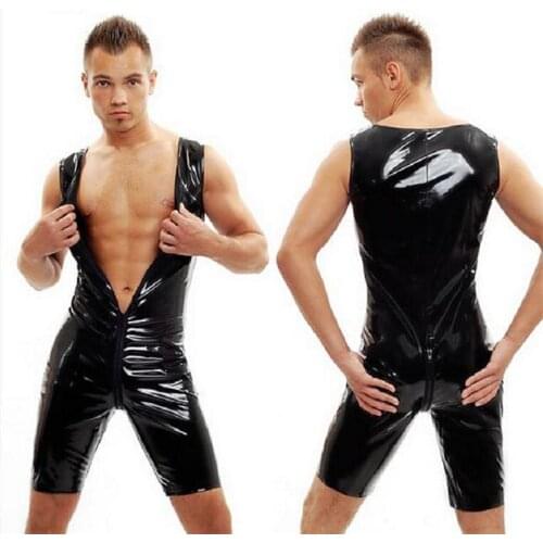 Good Quality Male PVC Leather Teddy Bodysuit Open Crotch Zipper Jumpsuit Mens Fetish Latex Clubwear Catsuit Lingerie