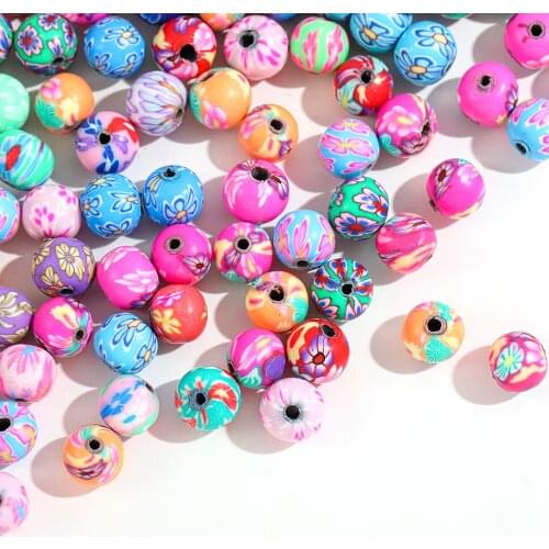 40pcs 8mm Flower Pattern Printing Beads Mixed Color Polymer Clay Loose Beads for Making DIY Jewelry Accessories