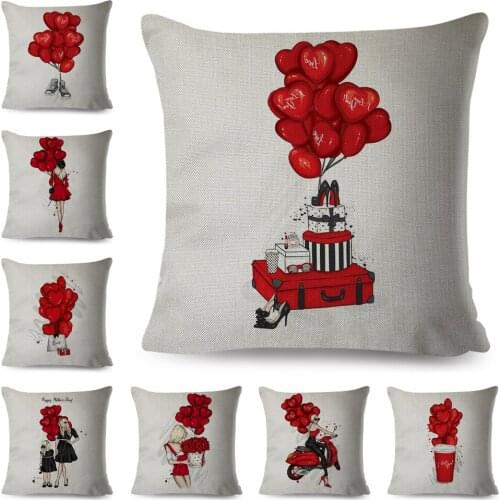 I Love You Cute Cartoon Girl Print Pillowcase Decor Red Balloon Pillow Case for Sofa Home Kids Room Polyester Cushion Cover
