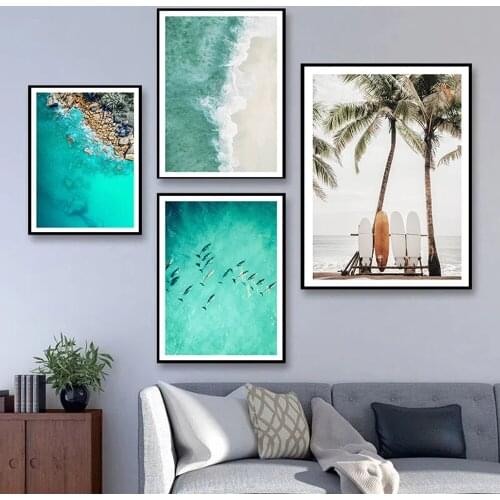Palm tree Digital Print Art Print Poster Wall Decor Surfboards Hawaii On Sandy Beach Canvas photography Art Picture Room Decor