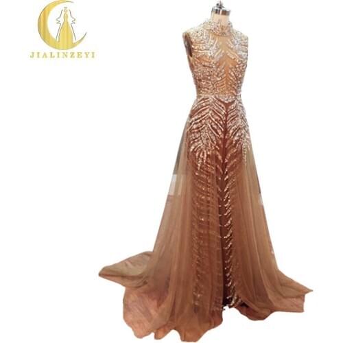 JIALINZEYI Rhine Sexy High neck Brown Sliver beads платье вечернее suknie wieczorowe sukienki koktajlowe Evening dress 2020