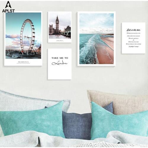 The London Eye Ferris Wheel Canvas Print Painting Big Ben Sea Beach Prints Posters Life Quote Wall Picture for Living Room Decor