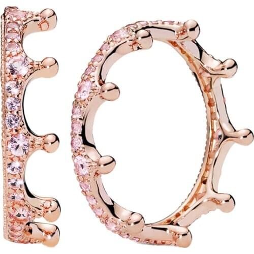 CUTEECO Pink Crystal Zircon Ring For Woman Fashion Simple Rose Gold Crown Wedding Rings Engagement Jewelry Dropshipping