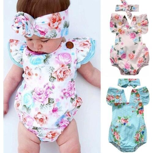 PUDCOCO Newborn Infant Baby Girl Floral Fly Sleeve Romper Playsuit Jumpsuit+Headband Clothes Outfit 2PCS 0-24M