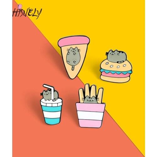 Creative Black Cat French Fries Black Cat Pizza Brooch Black Cat Badge Fast Food Cat Pin Cute Cartoon Burger Drink Brooch