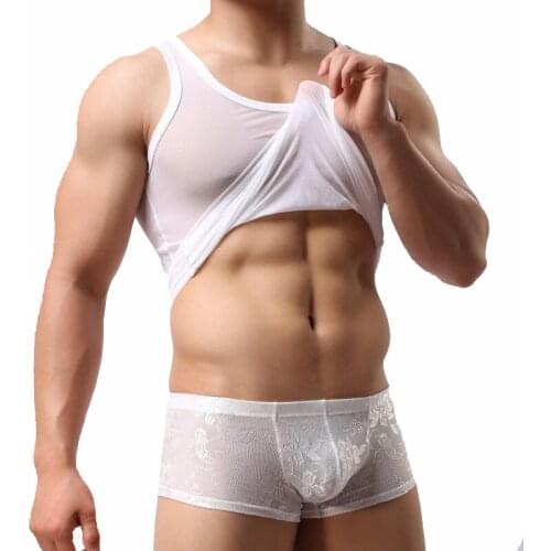 Men Tank Tops Ultra-thin Breathable Mesh Sports Vest Men Sexy Transparent White Black Tees Shirt+Lace Boxers Sets Gay Undershirt