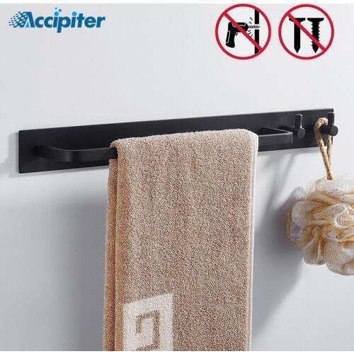 Nail Free Space Metal Black Towel Bar With Hook Hanger Single Towel Bar Towel Holder Bathroom Accessories Towel Rack