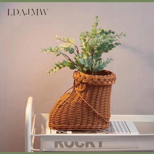 Rattan Shoes Shape Storage Basket Creative Bow Pattern Desktop Flower Arrangement Container Home Decorations Accessories