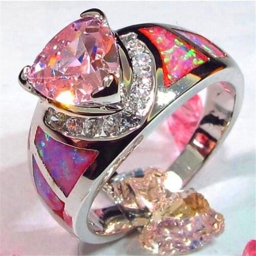 Luxury Female Pink Fire Opal Ring Unique silver color Triangle Ring Wedding Band Promise Engagement Rings For Women