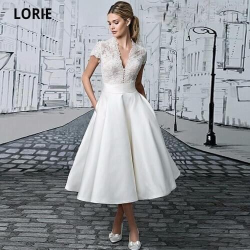 LORIE Cap Sleeve Tea-Length Wedding Dress Beach Boho Wedding Gown Lace Satin Bridal Gown V-neck Princess Wedding Party Dress