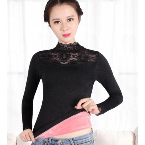 Female underwear thermos coat velvet long johns warm ladies sleeved tight body thermal underwear women lace inner wear winter