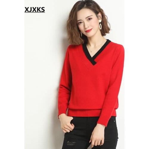 XJXKS 2021 fall new fashion V-neck casual women sweater high quality wool knitted pullover women sweater
