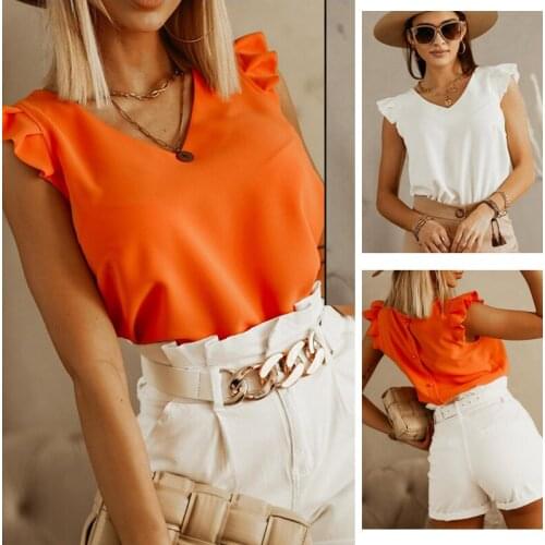Women Casual Back Button Tank Tops Sexy V-neck Sleeveless Orange Color Pullover High Street Tops New Fashion Products in 2021