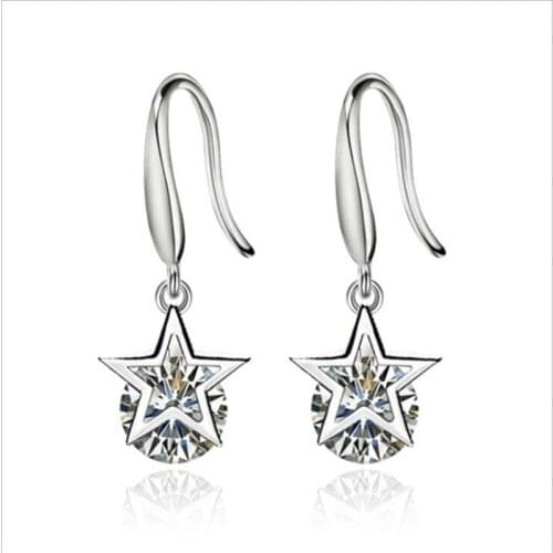 Temperament Star Silver Colour Drop Earrings for Womens High Quality Female Crystal Ear Hook Korean Style Jewelry Gift