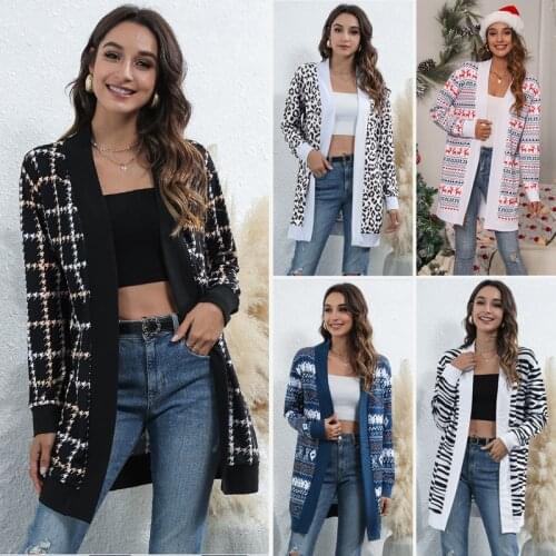 Women Cardigan Sweater Autumn Winter Jacket Christmas Leopard Print Knitted Cardigan Loose Casual Womans Cardigon Knit Sweaters
