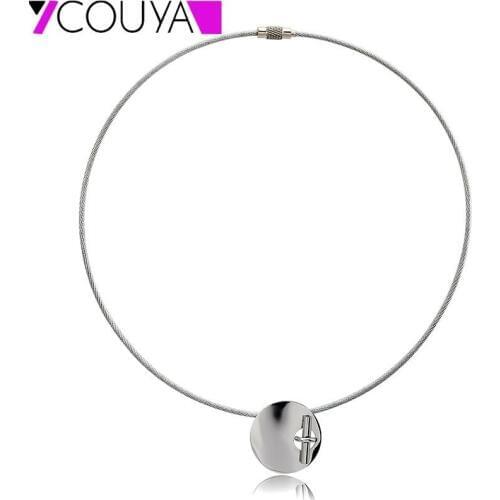 Silver color Round H Lock Pendant with Wire Rope Chain Necklace Choker for Women Collier Bijoux Femme Fashion Statement Necklace