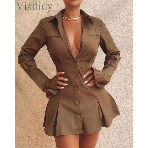 Women Long Sleeve Button Front Ruched Shirt Dress