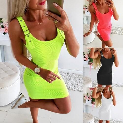 2021 Summer Elegant Dress Women Beach Leisure Vacation Mini Shoulder Strap Dresses Ladies Knit Square Neck Sleeveless Tank Dress