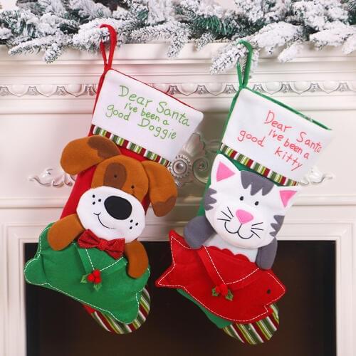 1pc 44*22cm Cat Dog Christmas Party Xmas Tree Hanging Decor New Year Cartoon Doggie Kitty Stocking Sock Kids Gift Candy Bags