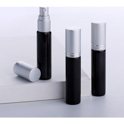 50PCS/Lot 10ML Refillable Black Perfume Spray Bottle Metal Matte Silver Spray Bottles Atomizer Glass Vials Sample Gift