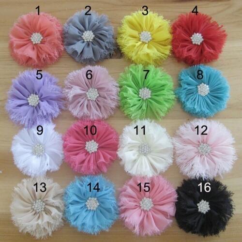60 pcs/lot , 2.3" DIY Chiffon Frayed Shabby Flowers Rhinestone Center Flat Back Hair Accessory mixed colour