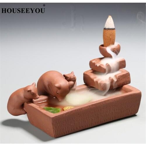 HOUSEEYOU Creative Purple Clay 3 Pigs Incense Burner Backflow Incense Burner Aroma Furnace Use In Home Tea Living Room Decor