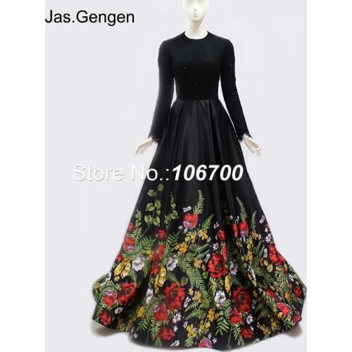 Robe de soiree Flower Printed Fabric Ball Gown Evening Dress Lace with Rhinestone Long Sleeves O Neck Long Party Prom Gowns