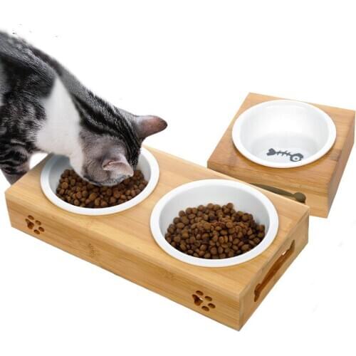 Bamboo Bowl Stand Ceramic Stainless Steel Pet Single and Double Bowls Suitable for Small Pets to Eat and Drink