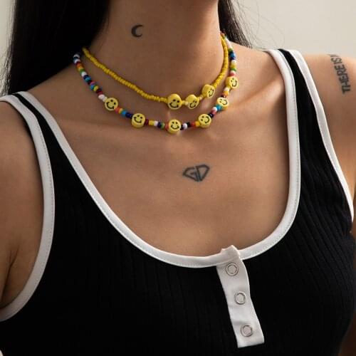 Shinus Beaded Necklace Yellow Smiley Face Colorful Beads Choker Necklace For Girls Women Simple Acrylic Necklace Jewelry 2021