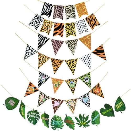 Jungle Paper Tropical Leaf Stripe Animal Garland Triangle Flag Banner Birthday Wedding Party Home Decorations Party Supplies