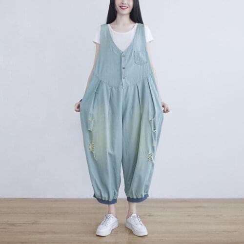 Sleeveless Denim Jumpsuits Women V-neck Jean Rompers Baggy Solid color Wide Leg Cowboy Trousers New Arrival Loose cargo Bodysuit
