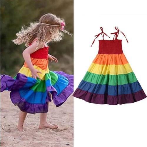New Baby Girl Dress Clothes Toddler Kids Girls Princess Clothes Rainbow Color Block Colorful Sling Party Dresses Vestidos Infant