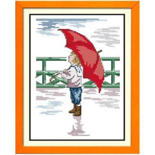 Boys and Children in the Rain Gift Cross-stitch Cotton Print 11CT 14CT 18CT Hand Embroidered Material Pack