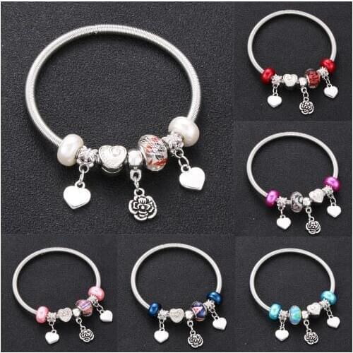 Original Elastic metal beading Antique Rose petal Charm Bracelets For Women Glass Beads Brand Bracelet Bangle Jewelry Gift