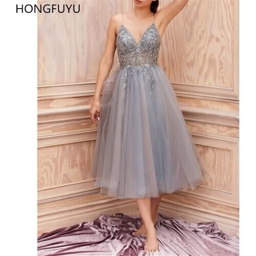 HONGFUYU Soft Tulle Short Prom Dresses Midi Length A Line Split Spaghetti Strap Evening Party Gown Floral Beading Cocktail Dress