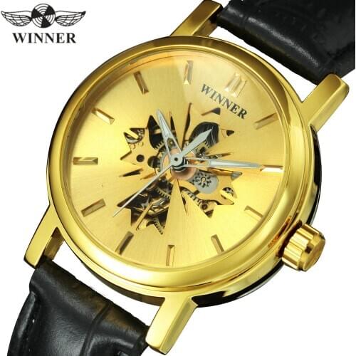 WINNER Official Golden Women Watches Top Brand Luxury Automatic Mechanical Wristwatch Female relogio Skeleton Maple Leaf Clock