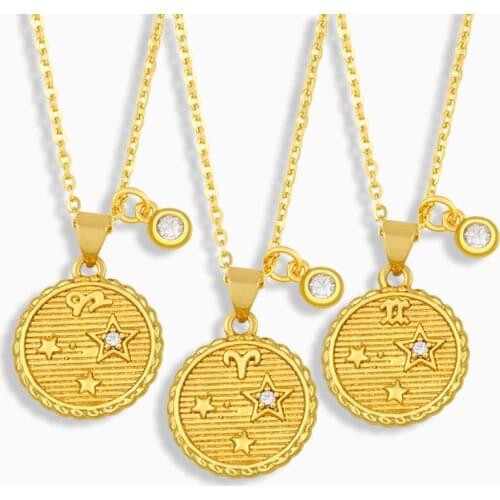FLOLA Gold Plated 12 Zodiac Necklace For Women Round Disc Constellations Clavicle Chain Necklace Wholesale Jewelry Gifts nkev18