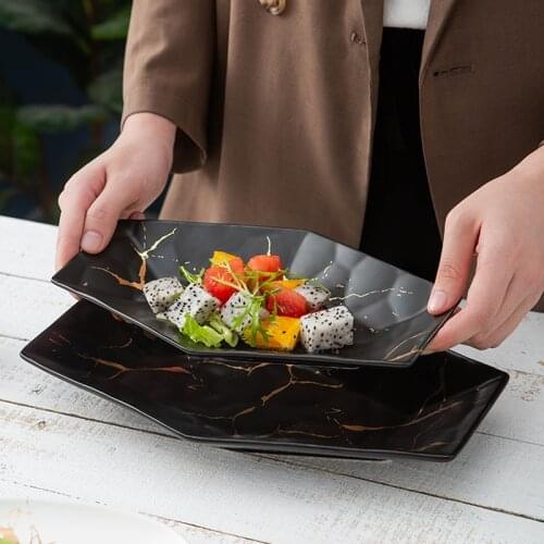 Simple olored glaze ceramic tableware creative matte black and white marble gold deep plate rice plate special shaped plate
