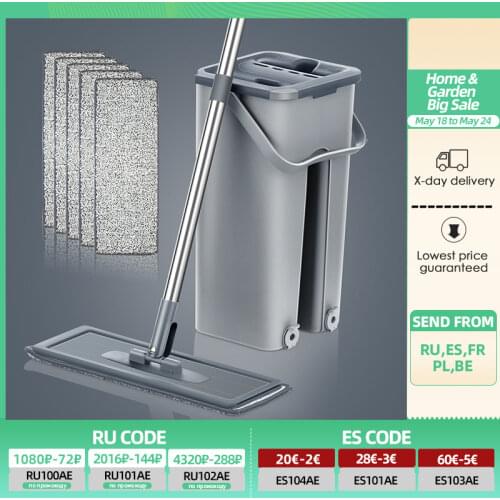 Flat Squeeze Mop and Bucket Hand Free Wringing Floor Cleaning Mop Microfiber Mop Pads Wet or Dry Usage on Hardwood Laminate Tile