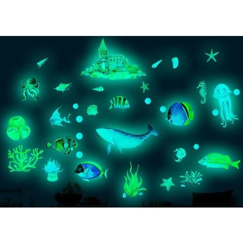 Luminous Underwater World Wall Stickers Waterproof Bathroom Decoration Shark Fish Kids Room Decor Decals Glow In The Dark