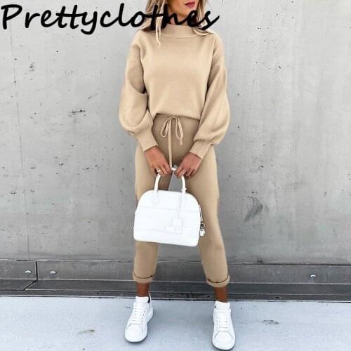 Ladies High Collar Long Sleeve Pocket Trousers Casual Two-Piece Fall And Winter Sweater Women Sport Suit Female Womens Clothing