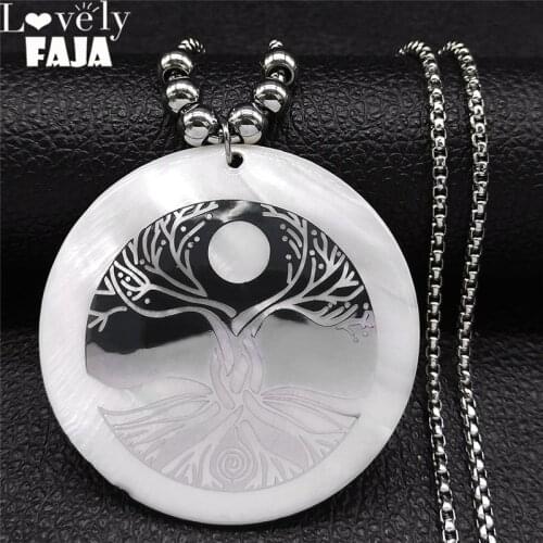 Sun Tree of Life Shell Stainless Steel Bead Silver Color Statement Necklace Round Long Necklaces Jewelry collares NXS03