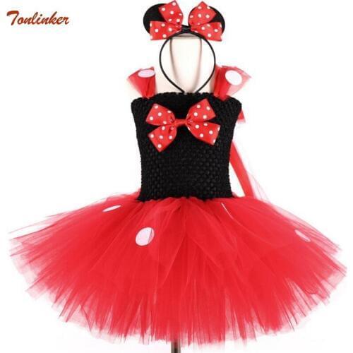 Baby Girls Red Cartoon Tutu Dress With Bow Headband Kids Tulle Dress White Dots For Kids Party Cosplay Dress Ballet Tutu Dress