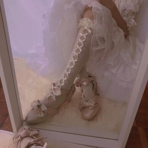 Womens Lolita Hollow out Bow Knee Length Mid Calf Socks.Ladies Girls Vintage Satin Lace In Tube Socks.Female Hosiery 2 Colors