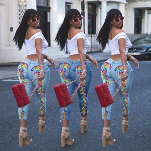 Women Jeans Criss-cross Lace Up Hole Sheath Elastic High Waist Long Pencil Denim Pants Fashion High Street Trousers 2021