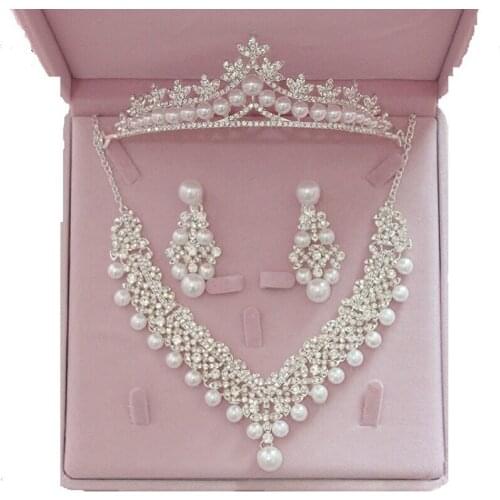 Magnificent Pearl Wedding Bridal Jewelry Sets Women Bride Wedding Party Jewelry Accessories Crystal Tiara Crown Earring Necklace