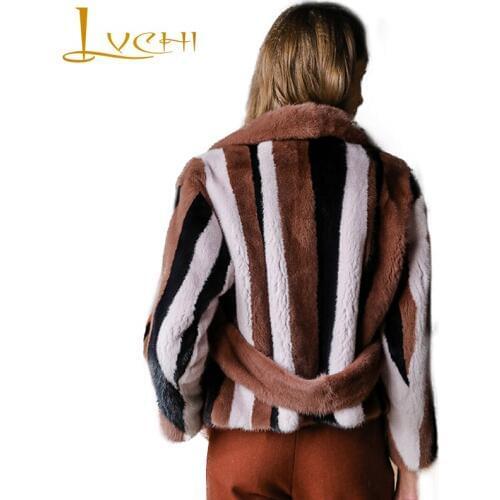 LVCHI Women Winter Real Fur Coat2017 Contrast Color Long Sleeve Mink Coat Female Striped Natural Fur Causal Loss Women Milk Coat