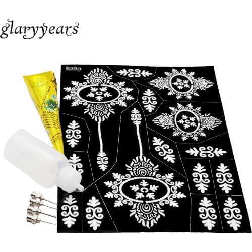 1 Set Body Paint Makeup Tool Hollow Large Henna Tattoo Stencil Waterproof Gift 1 Stencil+1 Henna Paste+1 Bottle+4 Stainless Tips