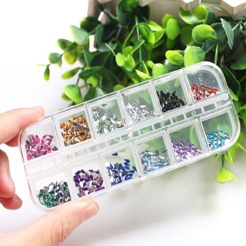 12 Color 2mm Circle or Waterdrop Shape Beads Rhinestones Glitters Nail Art Tips Acrylic UV Gel Gems Decoration In Hard Case