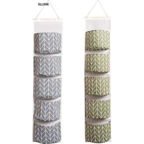 2 Pack Over The Door Storage Bag, Waterproof Wall Closet Hanging Storage Organizer with 5 Pockets, Cotton Linen Fabric